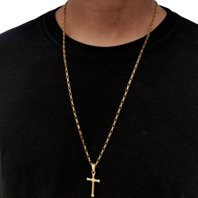 Corrente Masculina Cordão Tijolinho em Aço Inoxidável Cor Ouro 18k Banhado + Pingente Cruz Crucifixo