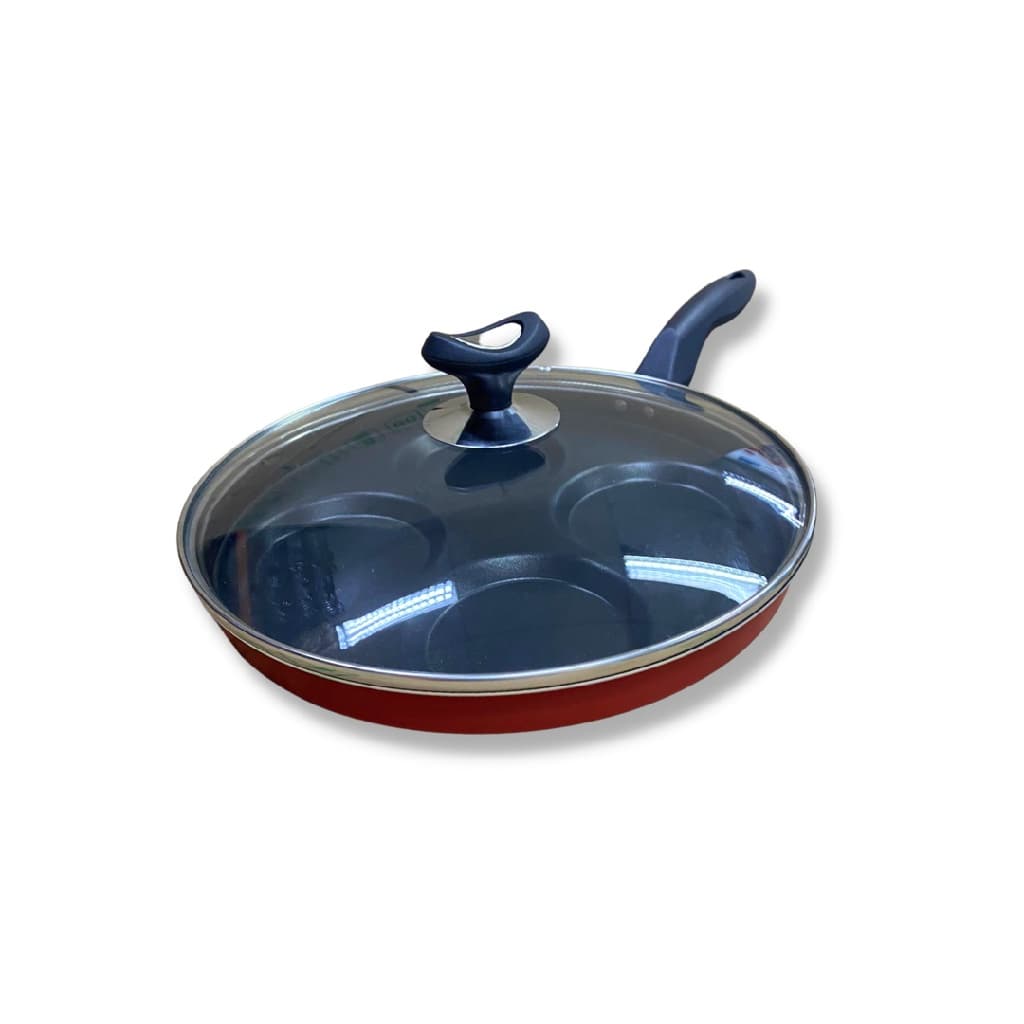 Frigideira 4 Ovos Hamburgueres Vermelha Com Tampa de Vidro Gourmet Alumi-Aço Linha Premium J4TECH Alumínio Antiaderente Teflon Ultra Resistente