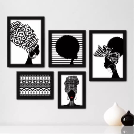 Quadros decorativos 5 peças mosaicos para sua sala ou quarto Africanas - África P e B