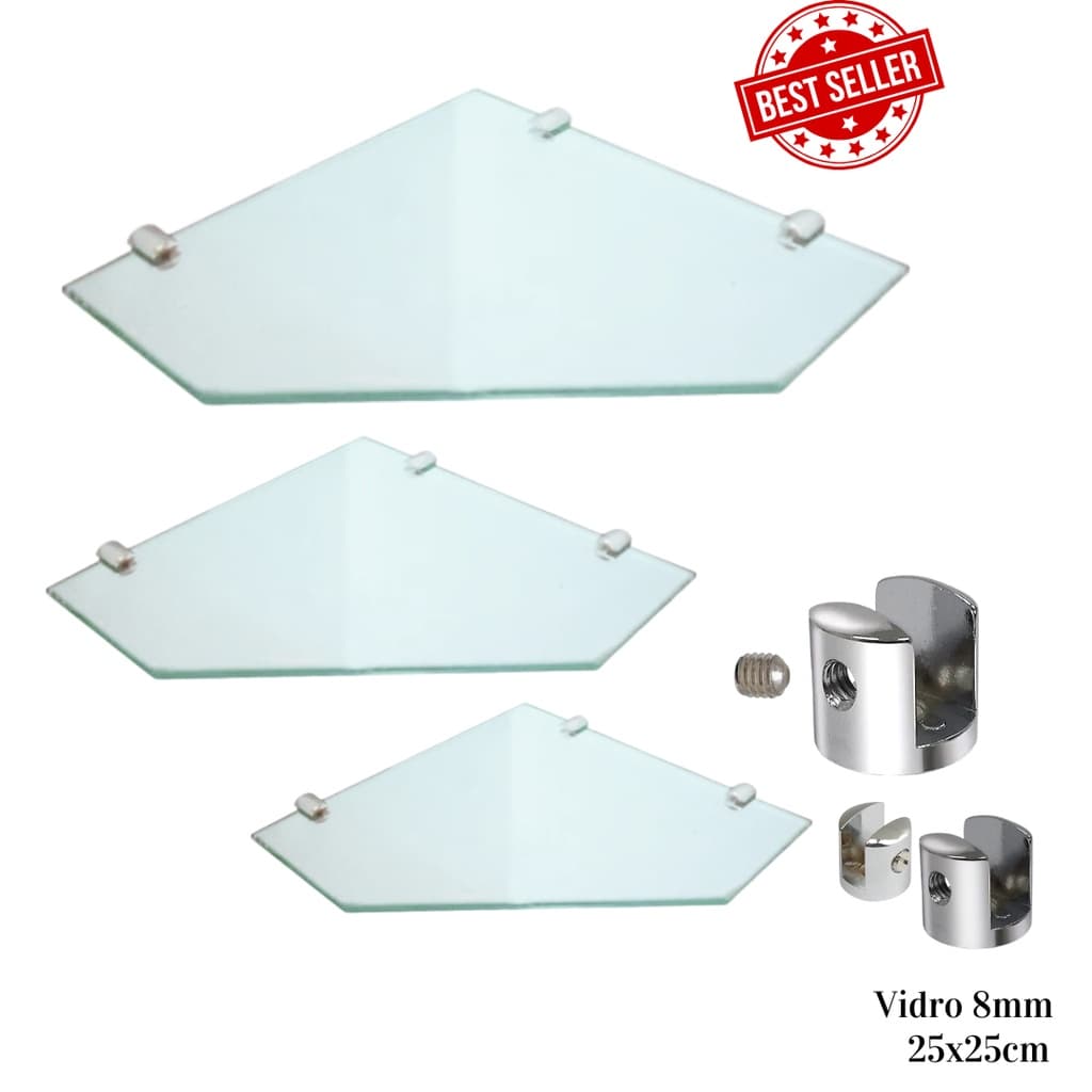 Kit Prateleiras Suporte Para Banheiro de Canto 25x25cm Vidro Incolor 8 e 10mm de Parede