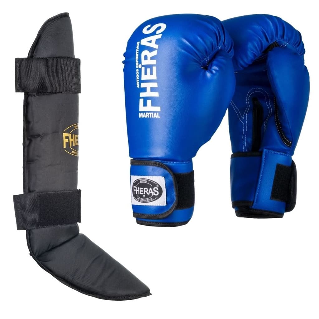 Luva Muay Thai e Boxe Tradicional Azul com Caneleira Free Style Fheras