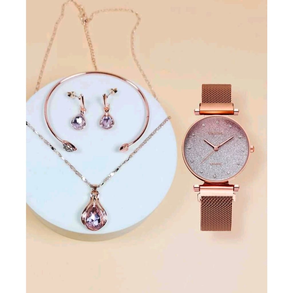 Relógio de Pulso Acompanha Pulseira Colar Brincos Dourado Rose Brilho em Quartzo Kit Conjunto