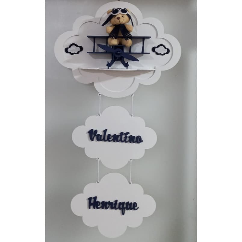 enfeite de porta maternidade urso aviador avião com 2 nuvens nome