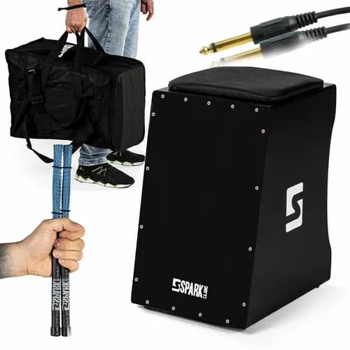 Cajon Elétrico Eletroacústico + Bag + Vassourinha Cajons + Cabo P10 Spark Instrumentos Percussão