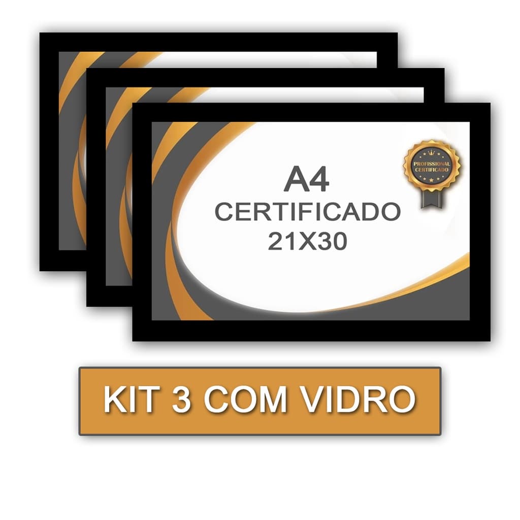 Kit 3 Moldura para Quadro Certificado Com Vidro A4 21X30 - PRETO