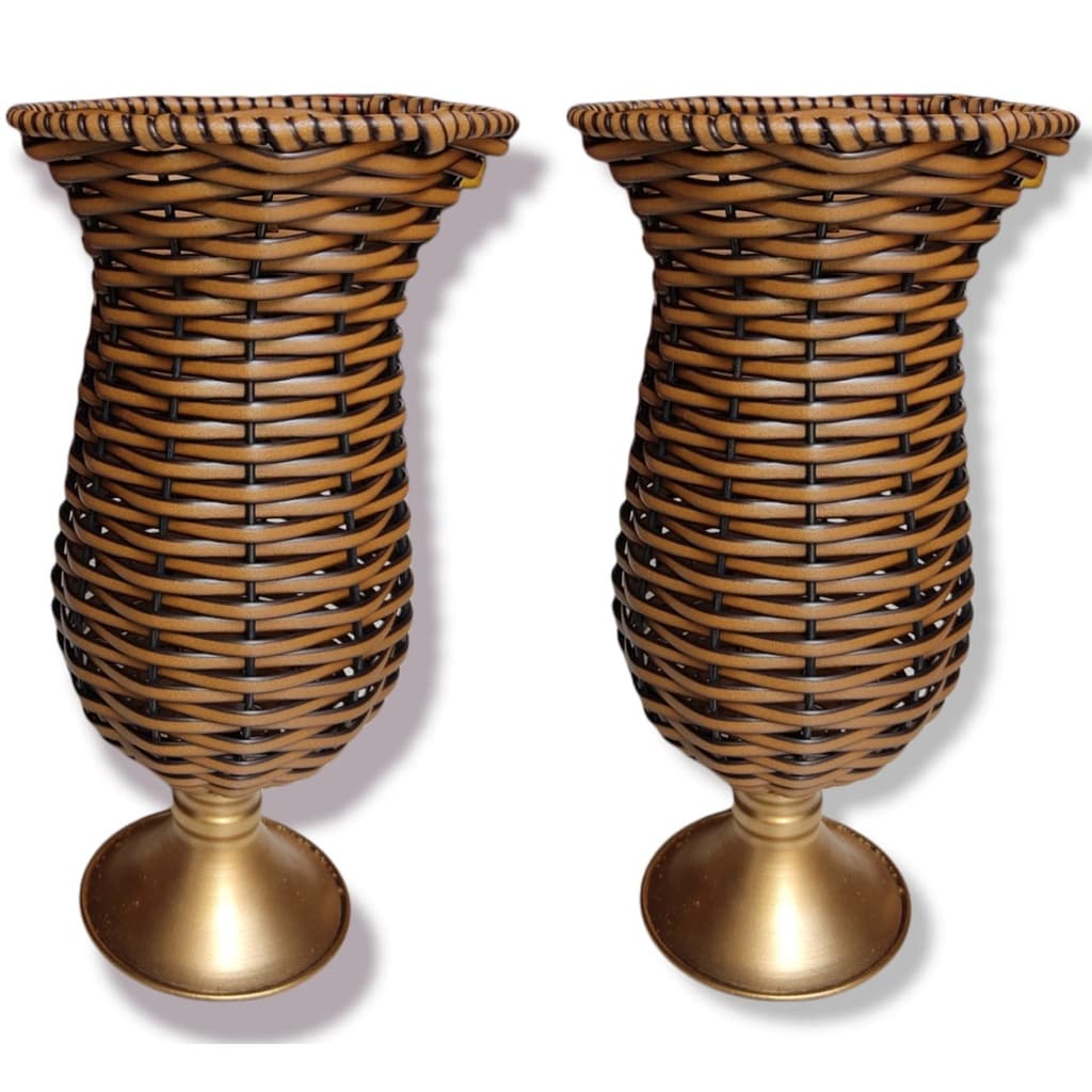 Kit 2 Vaso Taças Junco Vime Base Dourada Decoração
