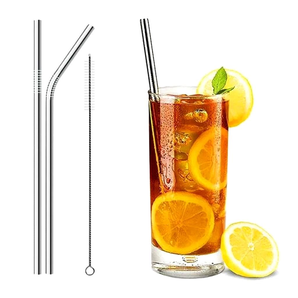 Kit com 2 Canudos Reutilizável em Aço Inox 1 Reto e 1 Curvo + 1 Escova