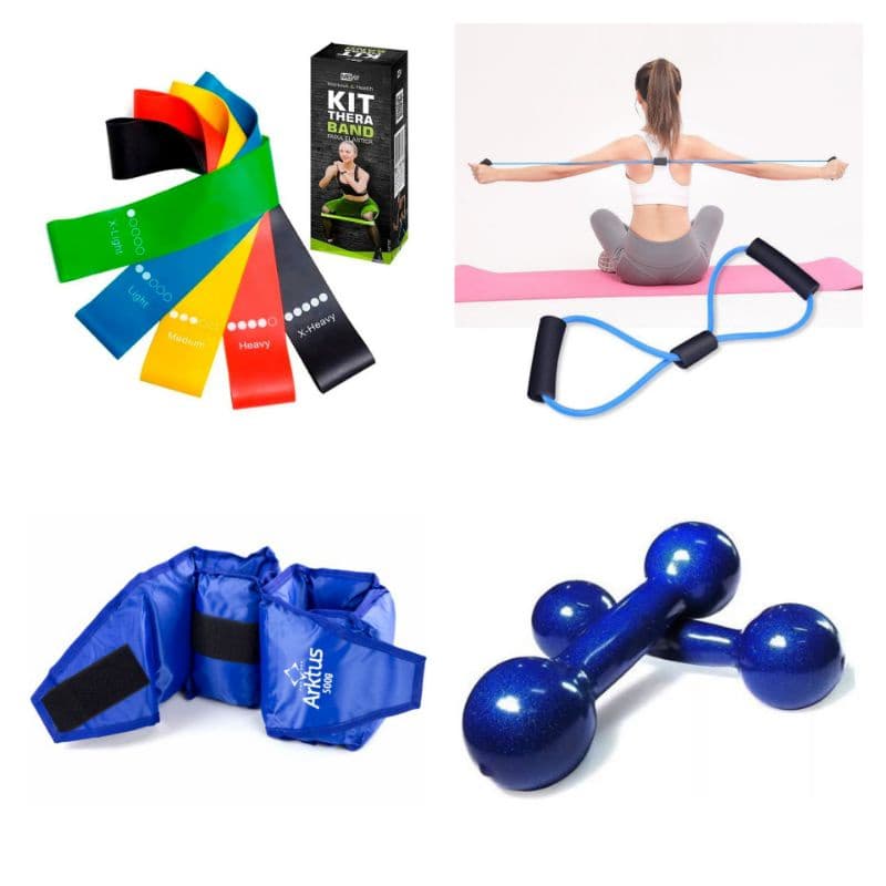Kit Fisioterapia completo- Halter Emborrachado 0,5kg + Tornozeleira 0,5kg + Kit Theraband + Elástico Multifuncional