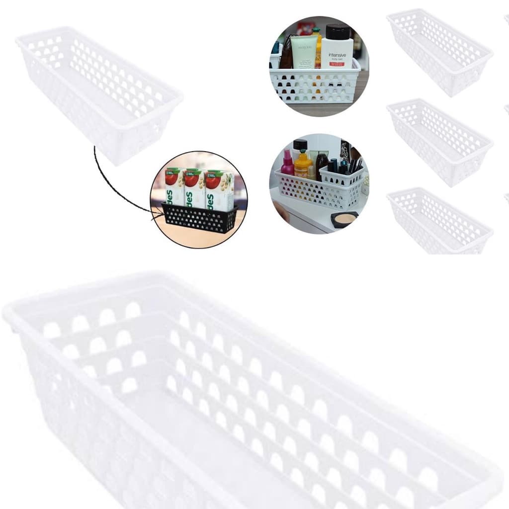 Kit com 5 bandejas  cesto cestinho organizador Multiuso Gaveta Armario Lavanderia geladeira comprido branco