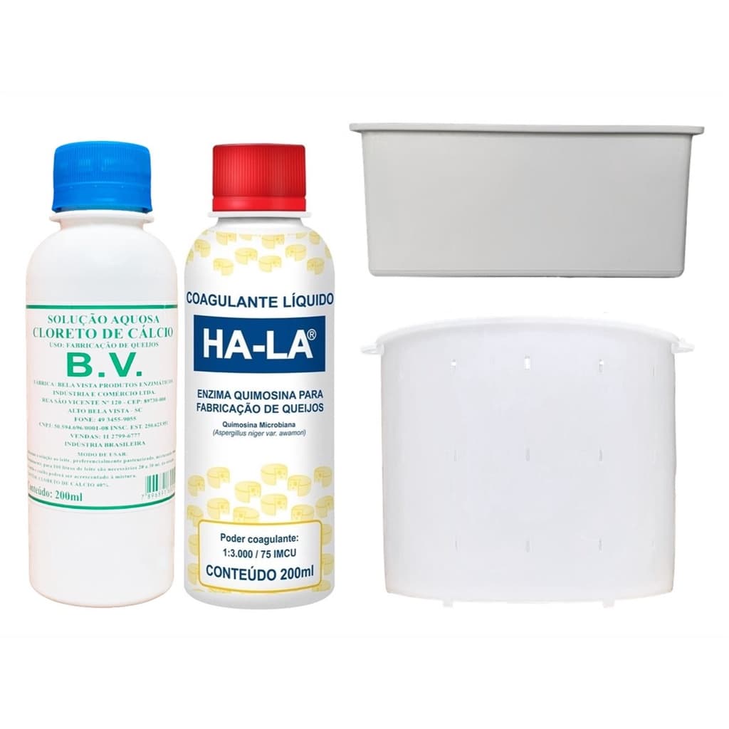 Kit Coalho Líquido Ha-la + Cloreto de Cálcio BV + Forma Queijo Minas 1Kg + Forma Queijo Mussarela 1Kg