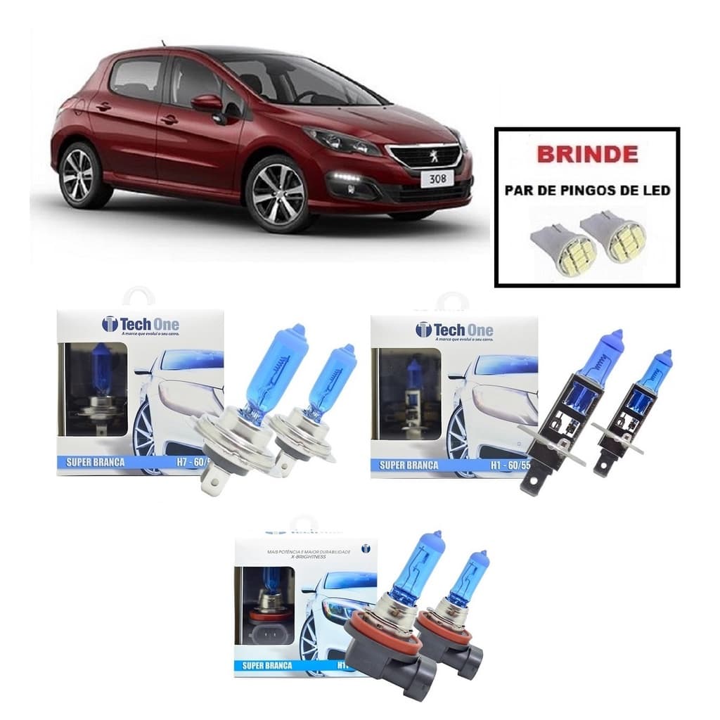 Kit 6 Lampadas Super Brancas para Farol Alto / Baixo e Milha  Peugeot 308 Selecione Modelo do Farol