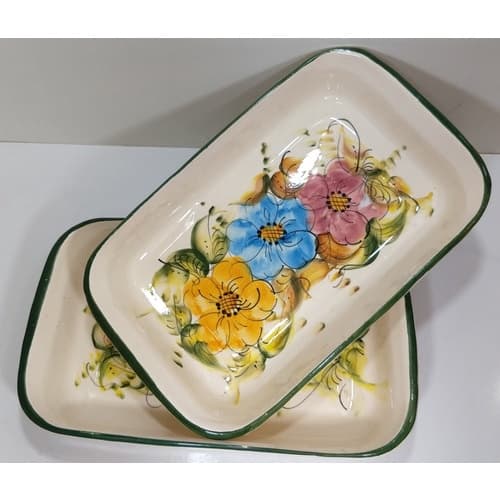 Par Tigela Travessa Retangular Em Porcelana Verde Floral