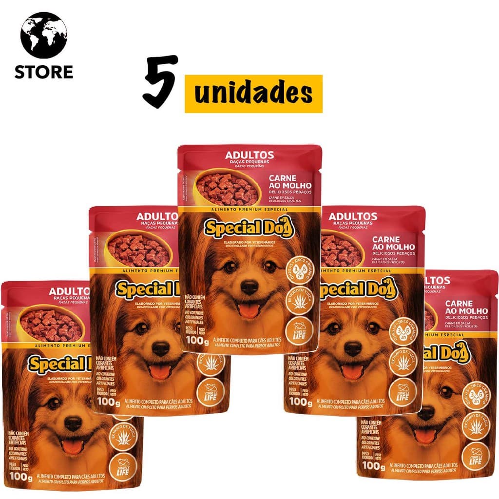 ✿Global Store✿ 5 unidades de Ração Úmida Special Dog Sachê Carne para Cães Raças Pequenas 100g