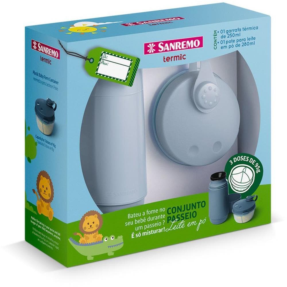 Conjunto Garrafa Térmica Infantil 250 ml + Pote Dosador Para Leite em Pó Kit Passeio Sanremo Azul