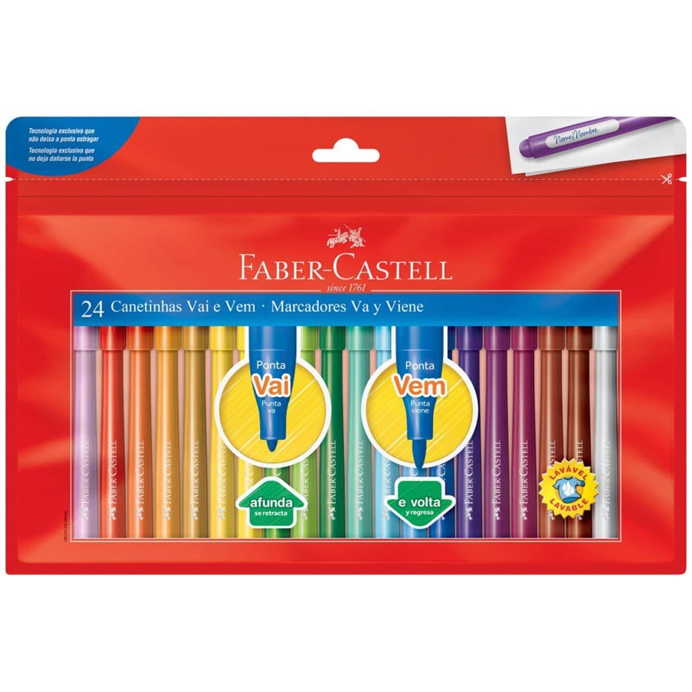 Canetinha Hidrocolor Vai e Vem Faber-Castell 24 Cores Ponta Que Não Afunda