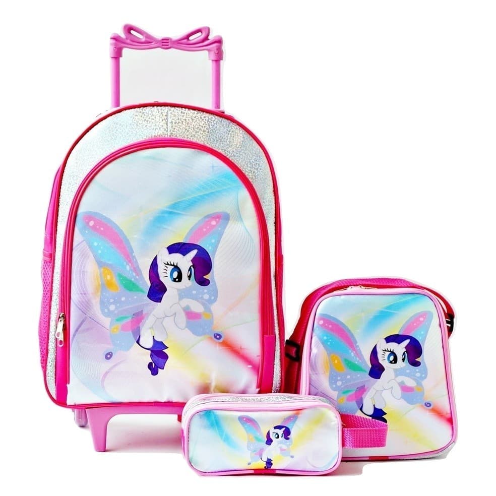 Mochila Unicornio Pony Rodinhas Lancheira Estojo