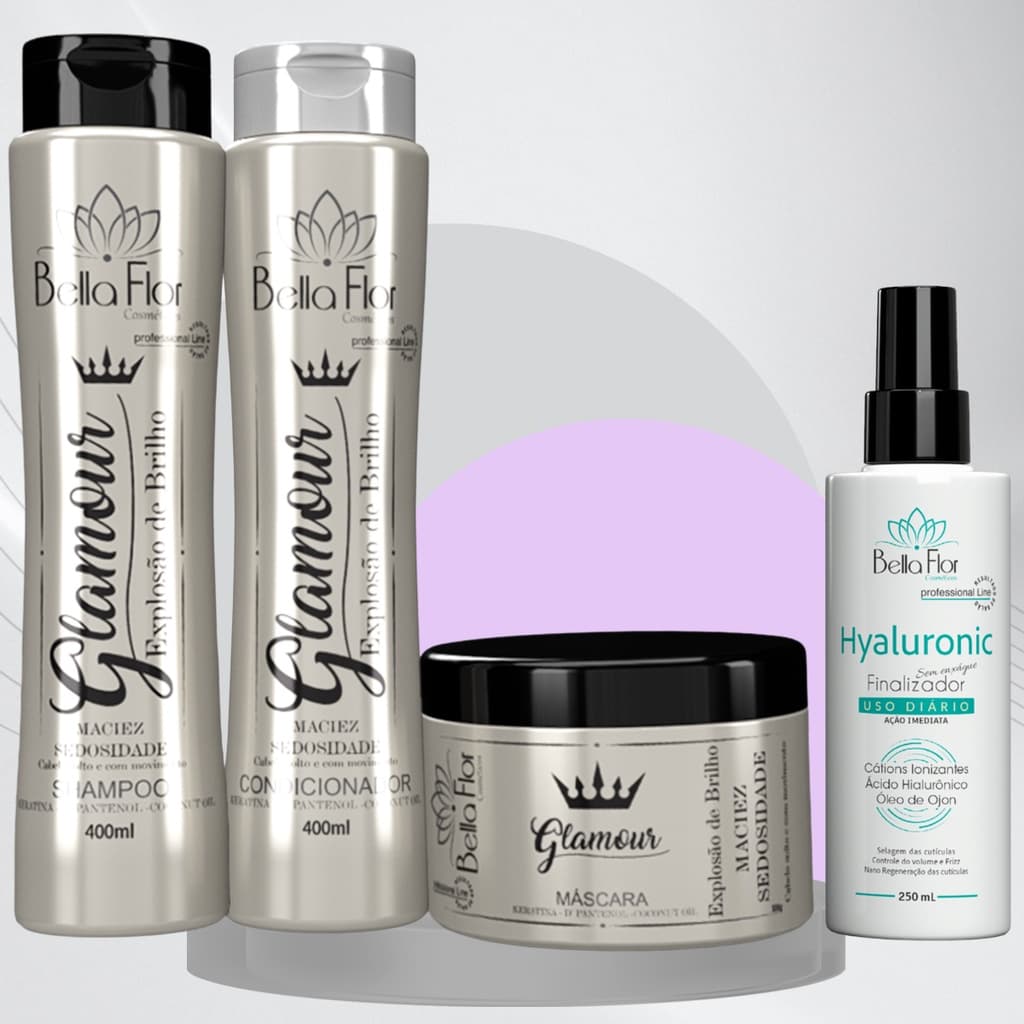 Kit Capilar Glamour 4 Produtos Shampoo Condicionador Máscara + Finalizador Hyaluronic Bella Flor Anti-Frizz Brilho