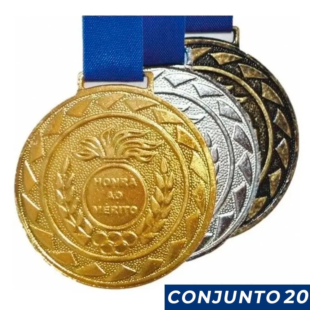 Kit 20 Medalhas Esportivas Ouro Prata Bronze Metal Honra ao Mérito Competições Pódio Vencedor