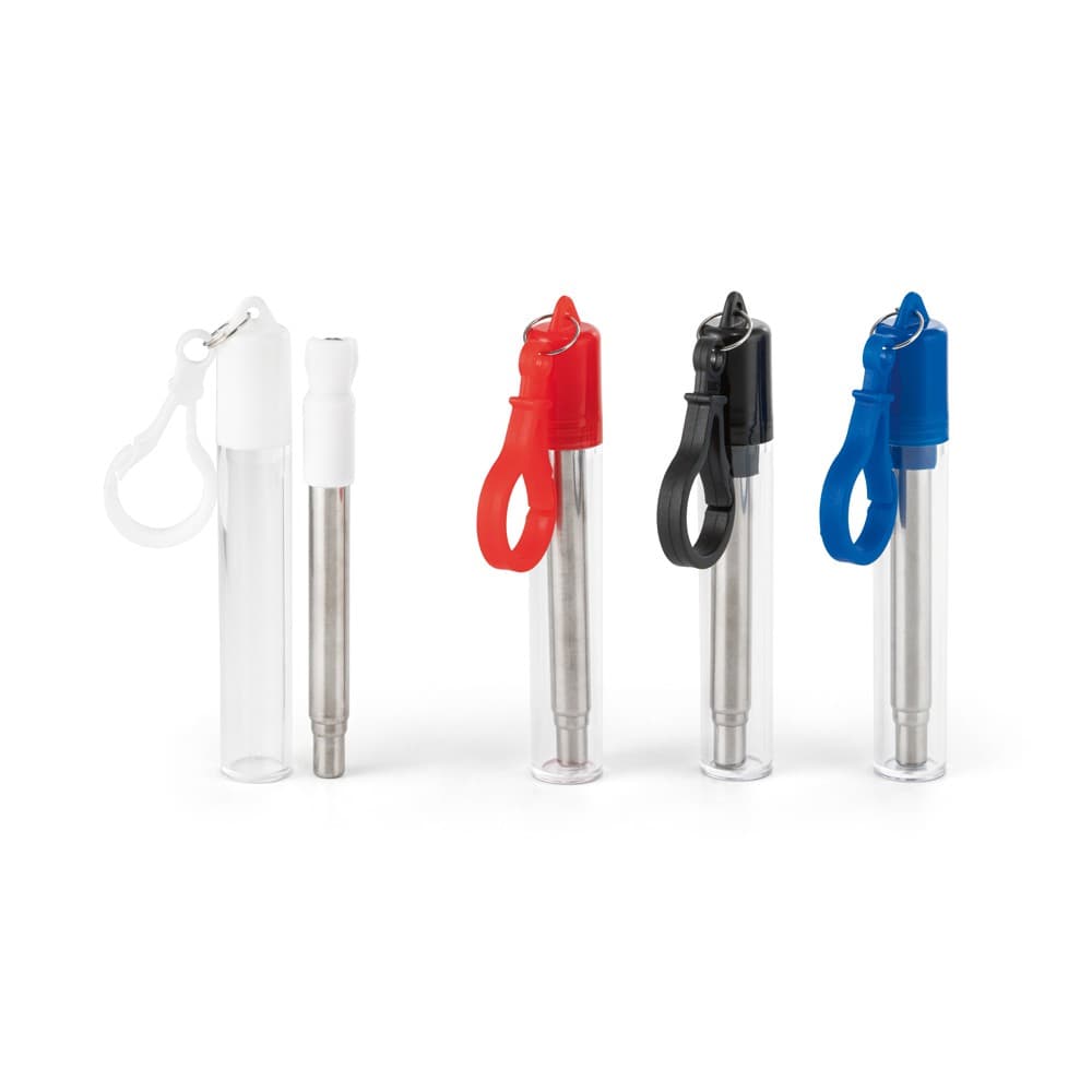 Canudo de inox retrátil com ponta de silicone e estojo de transporte com mosquetão