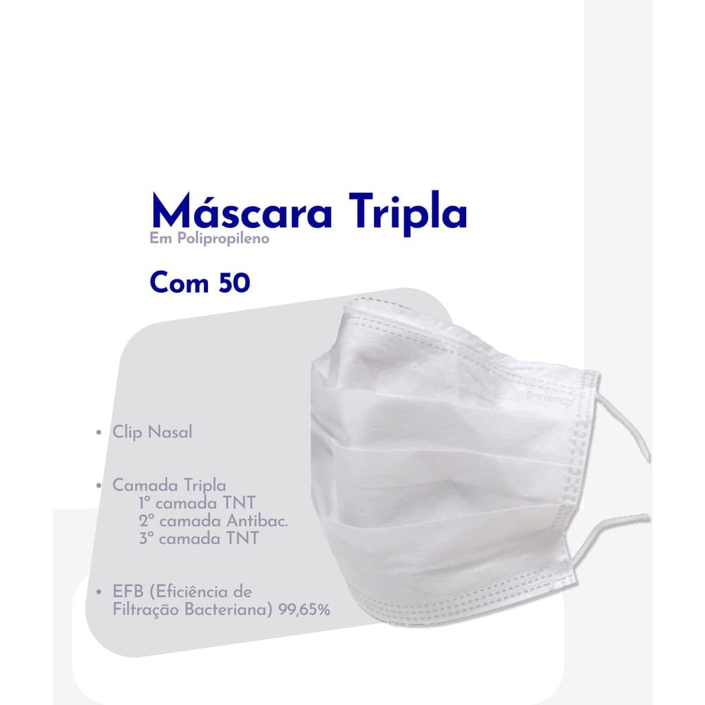 Máscara Descartável Tripla Camada Com Clipe Nasal De Proteção Facial com 50 promoção