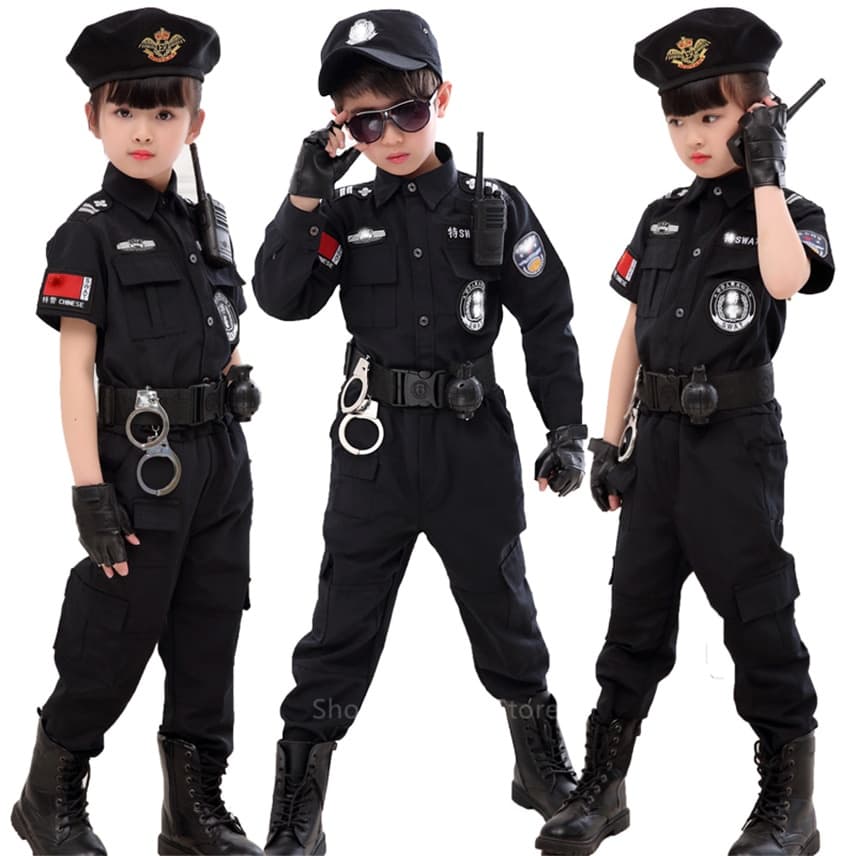Fantasias Crianças Tráfego Policia Especial Festa De Carnaval De Halloween Desempenho Policial Uniforme Meninos Do Exército Trajes Cosplay 110-160 Cm