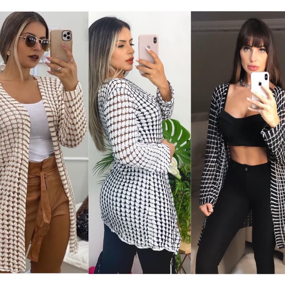 Cardigan Kimono Blusa Feminina Luxo Tricô para todas as ocasiões Preto, Branco e Marfim