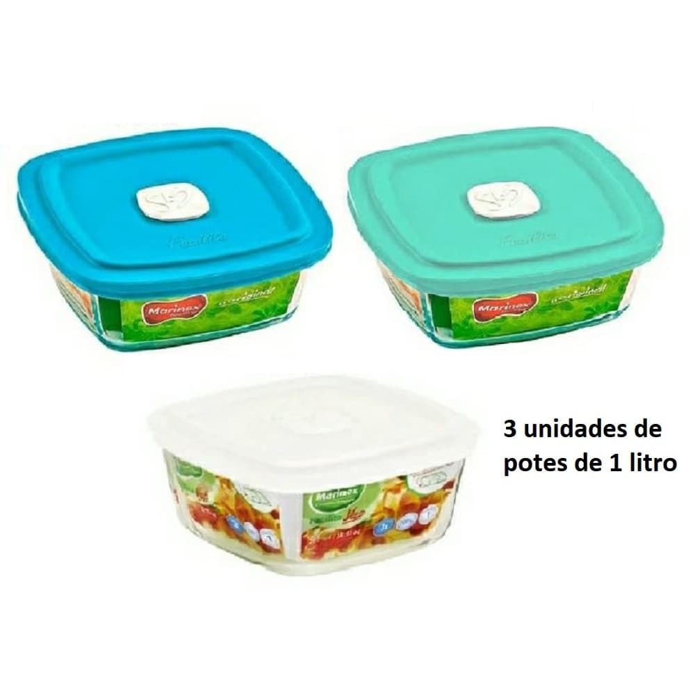 Conjunto 3 Potes de vidro 1 litro Marinex c/tampa válvula.