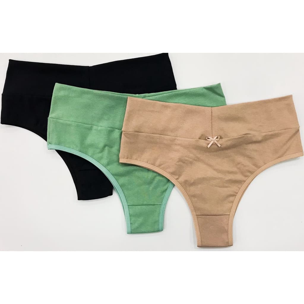 Kit 3 Calcinhas Cós Alto em Algodão Cintura Alta Cós Duplo Feminina Conforto