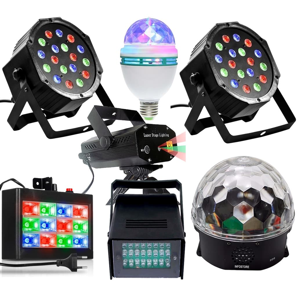 Kit Iluminação Para Festas Total 7x1 Laser Strobos Rgb Refletor 18 leds