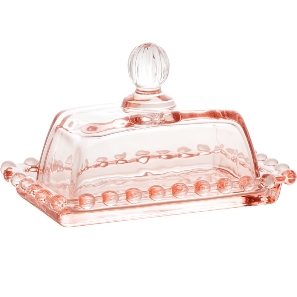 Manteigueira de Cristal Pearl Bolinha Rosa 14 x 9 x 8cm