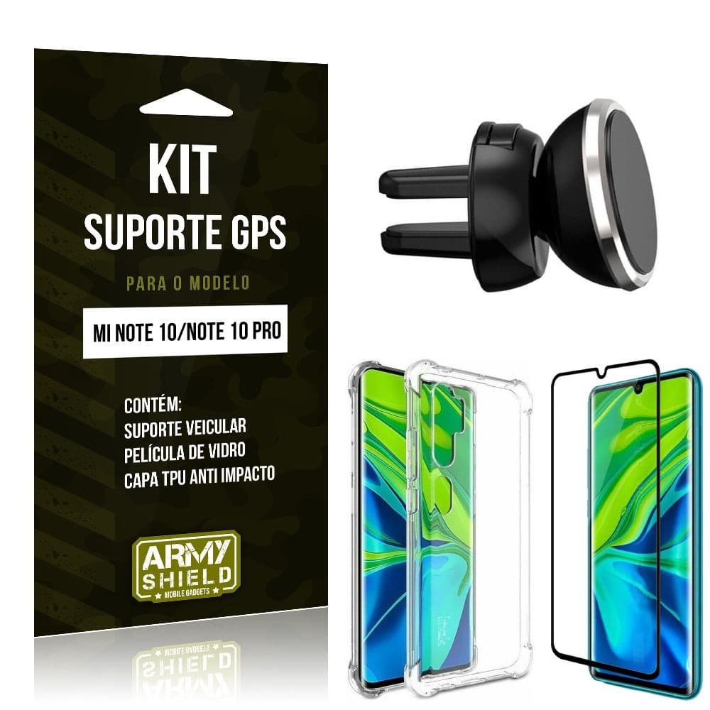 Kit Suporte Veicular Magnético Mi Note 10 Suporte +Capinha Anti Impacto +Película Vidro - Armyshield