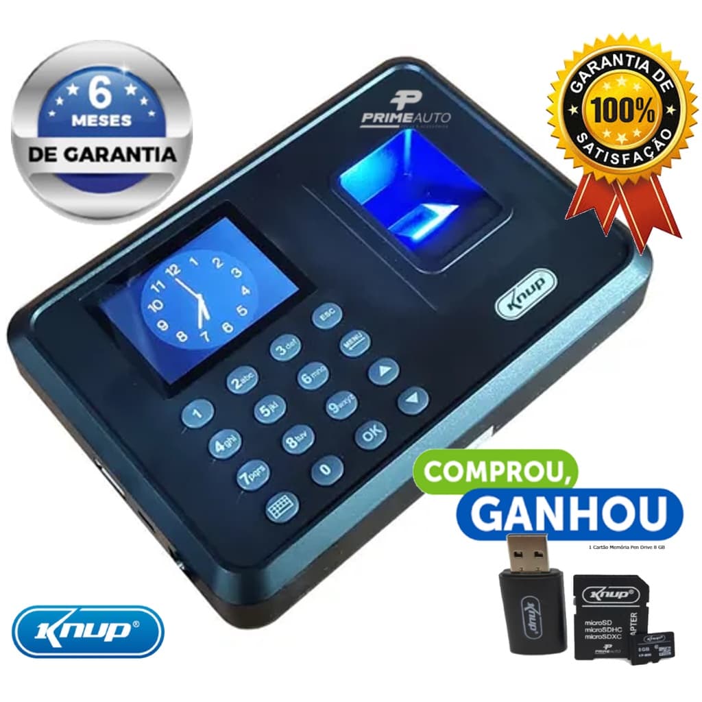 Relógio de Ponto Eletrônico Biometria Display Colorido Teclas Emborrachadas KP-1028 + Cartão Memória Pen Drive