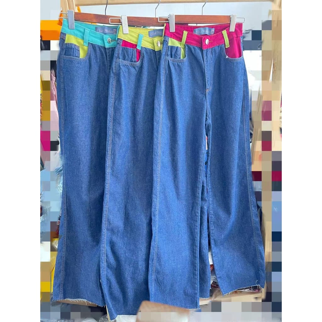 Calça jeans Feminina wide leg de costura Calças pantalona /Calças femininas cintura com lycra