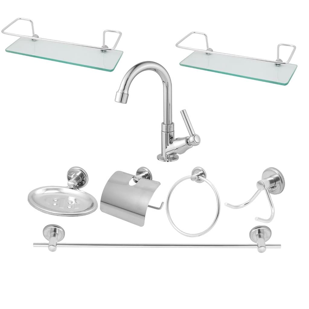 Kit Acessório Para Banheiro Aço Inox 7 Peças Com 2 Porta Shampoo Reto e Torneira abs