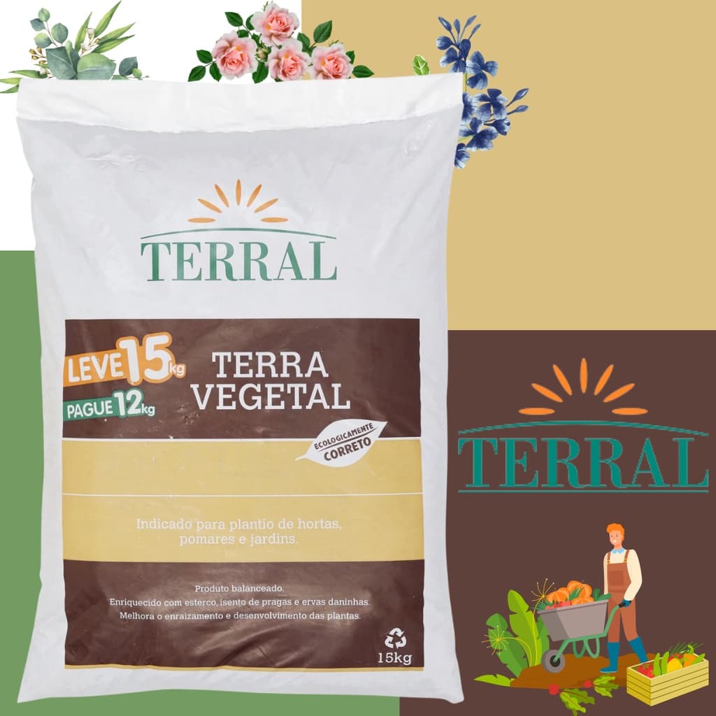 Terra Vegetal Terral Saco de 15 KG Adubada c/ Esterco Bovino.