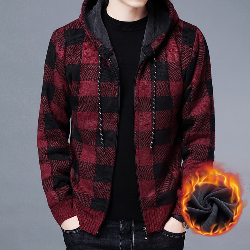 Cardigã Com Capuz Masculino De Malha Estilo Grosso Escovada Zíper E