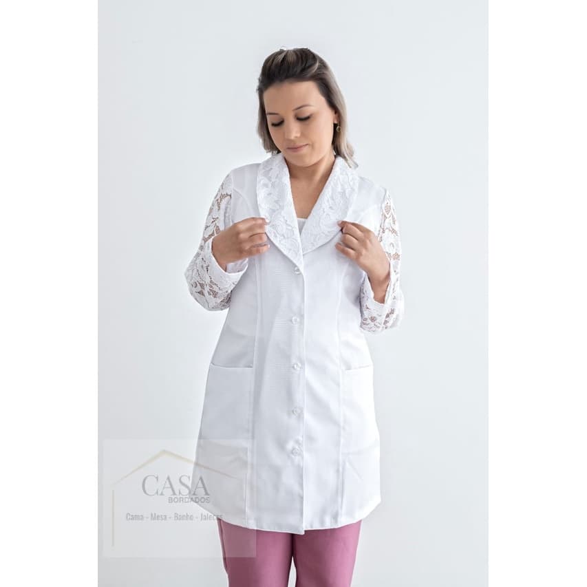Jaleco Feminino Microfibra  Branco Com Manga De Renda ref:990  - PRONTA ENTREGA