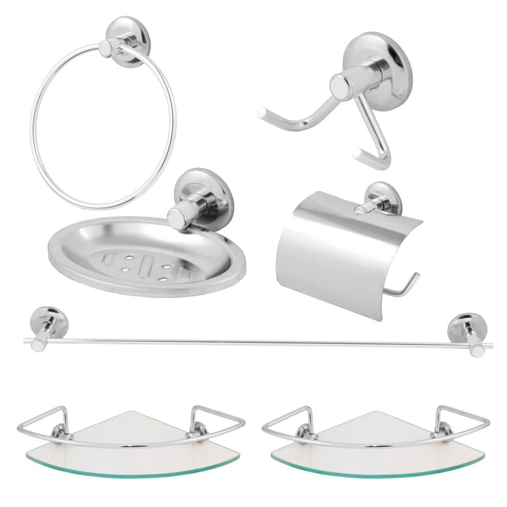 Kit de Acessórios para Banheiro Inox + 2 Porta Shampoo Vidro Canto