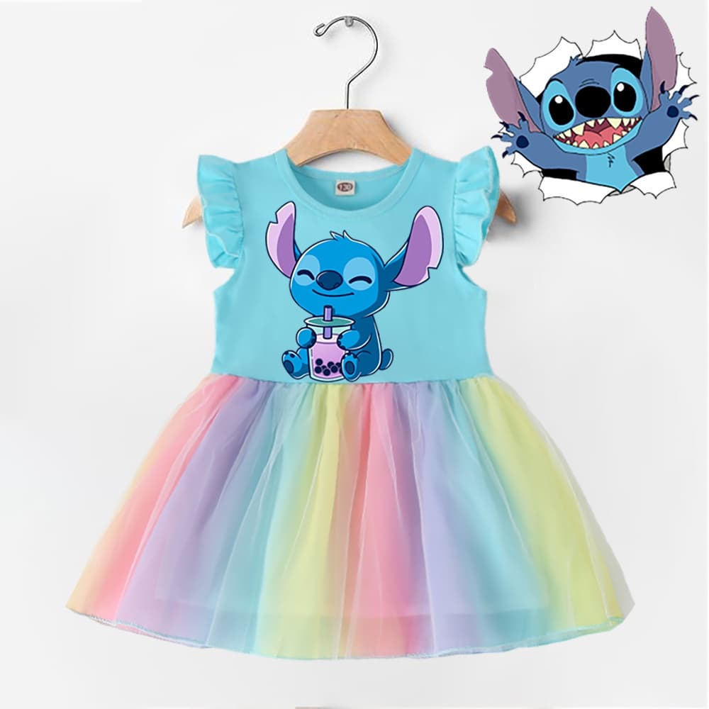 Fofo STITCH Pattern Print Party Dress Girl Vestido De Festa Princesa Arco-Íris Brithday Gift