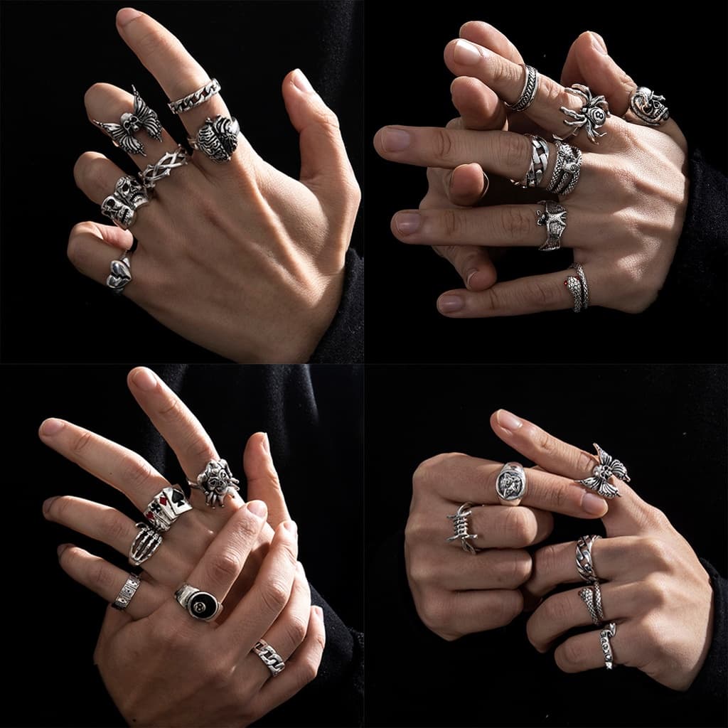 Anel masculino E Mulh  6/7Pcs novo Moda Anéis De Hip Hop Dos Homens Do Vintage Crânio/Aranha/Bat Conjunto Anel