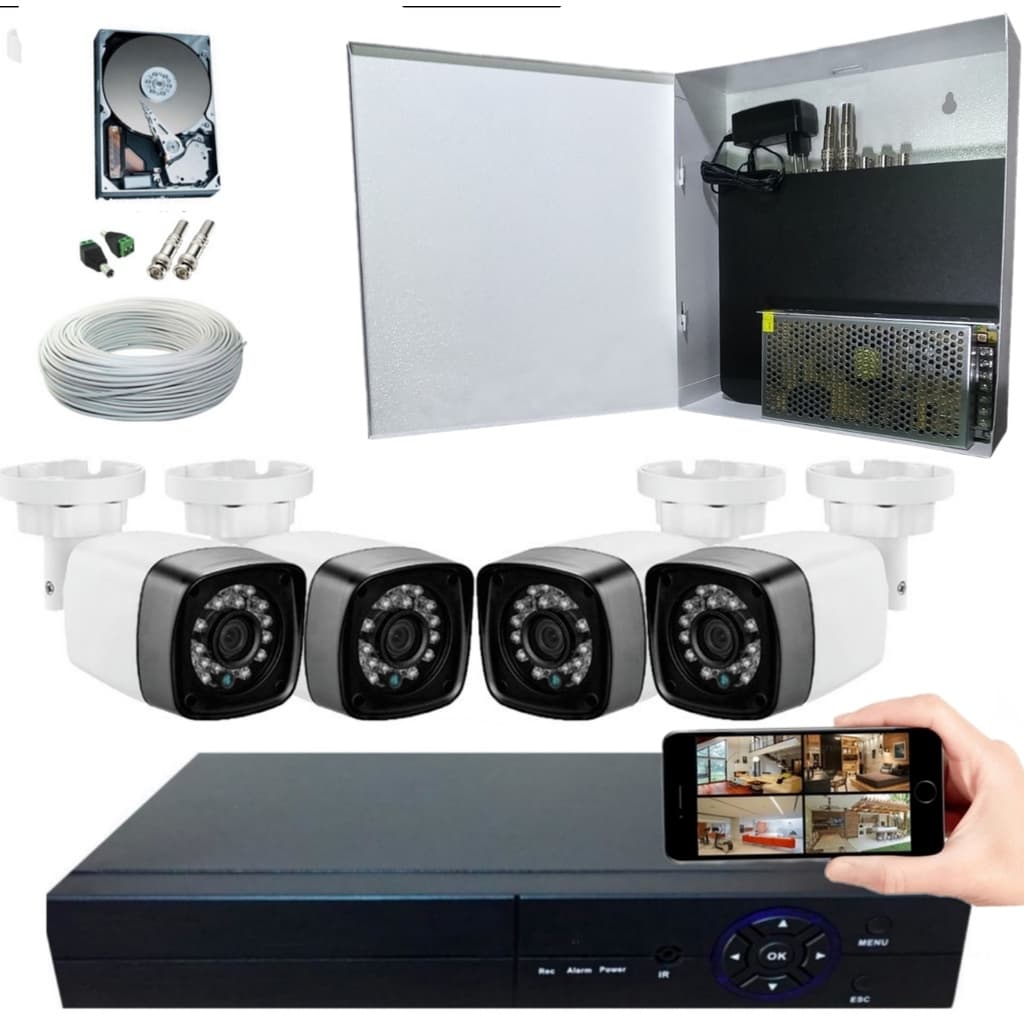 Kit Vigilância 4 Câmeras Infra HD Dvr p2p Caixa Organizadora- Kit Completo