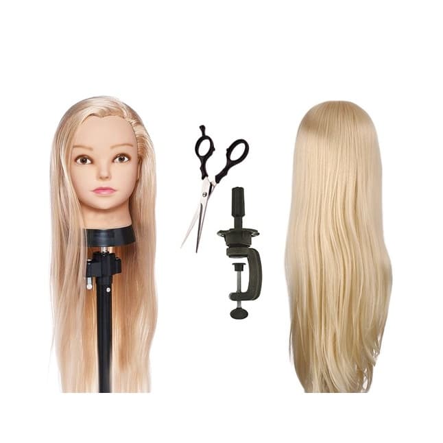 Cabeça de Boneca Para Treino 100% Sintética Loira + Suporte de Mesa + Tesoura