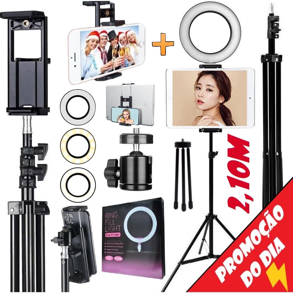 Kit Ring Light Led Anel Iluminador Tripé Suporte Para iPad Tablet Celular Universal Foto Vídeo Selfie A RS