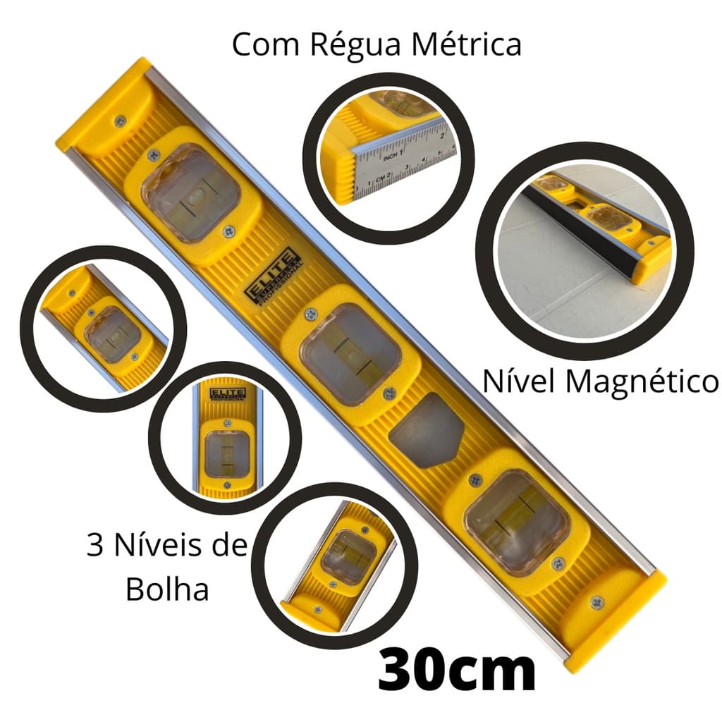 Nível de Alumínio Magnético 30cm 3 Níveis de Bolha