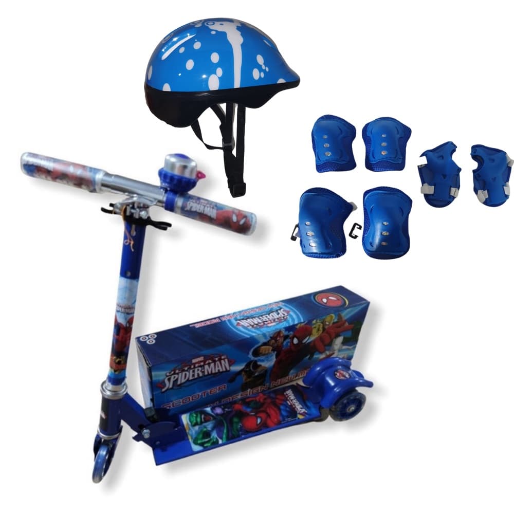 Patinete Infantil Metal Homem Aranha 3 Rodas C/ Led - Buzina + Kit proteção