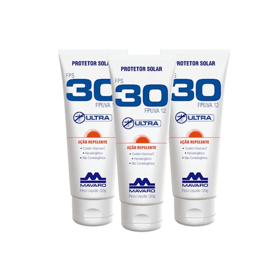 Protetor Solar Mavaro FPS 30 Com Repelente 120G kit com 3 unidades