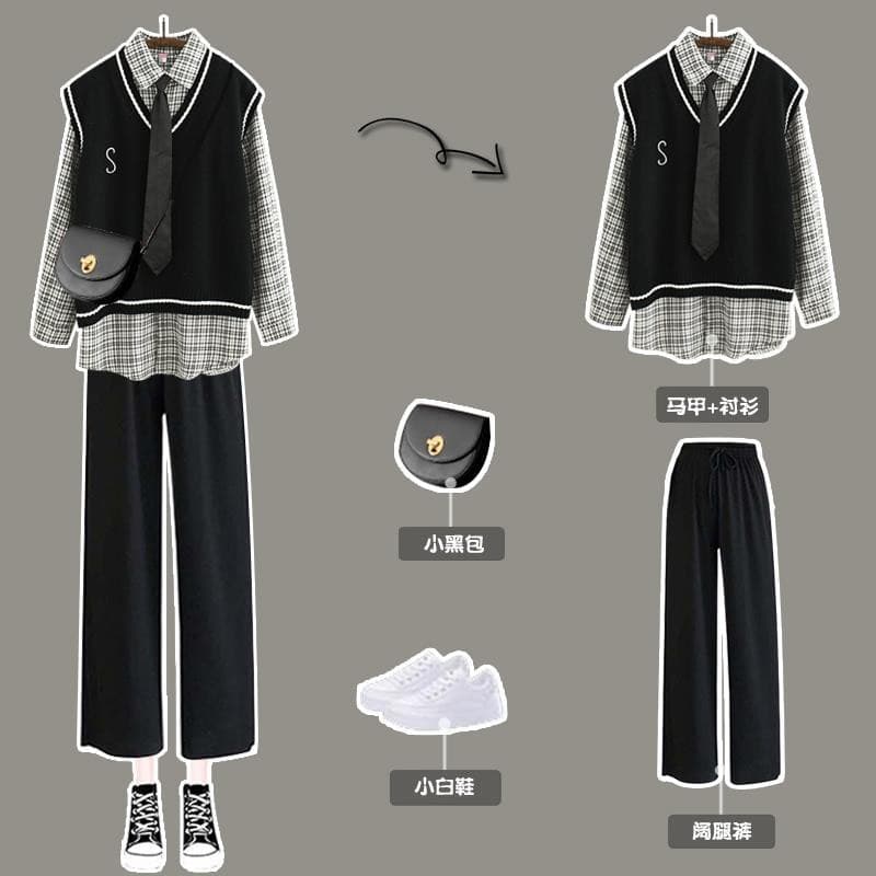 (Liu) Solteira / Conjunto Feminino Outono Novo Estudante Coreano Su Ter Colete Camisa Colete Xadrez Outono Cal Como De Per
