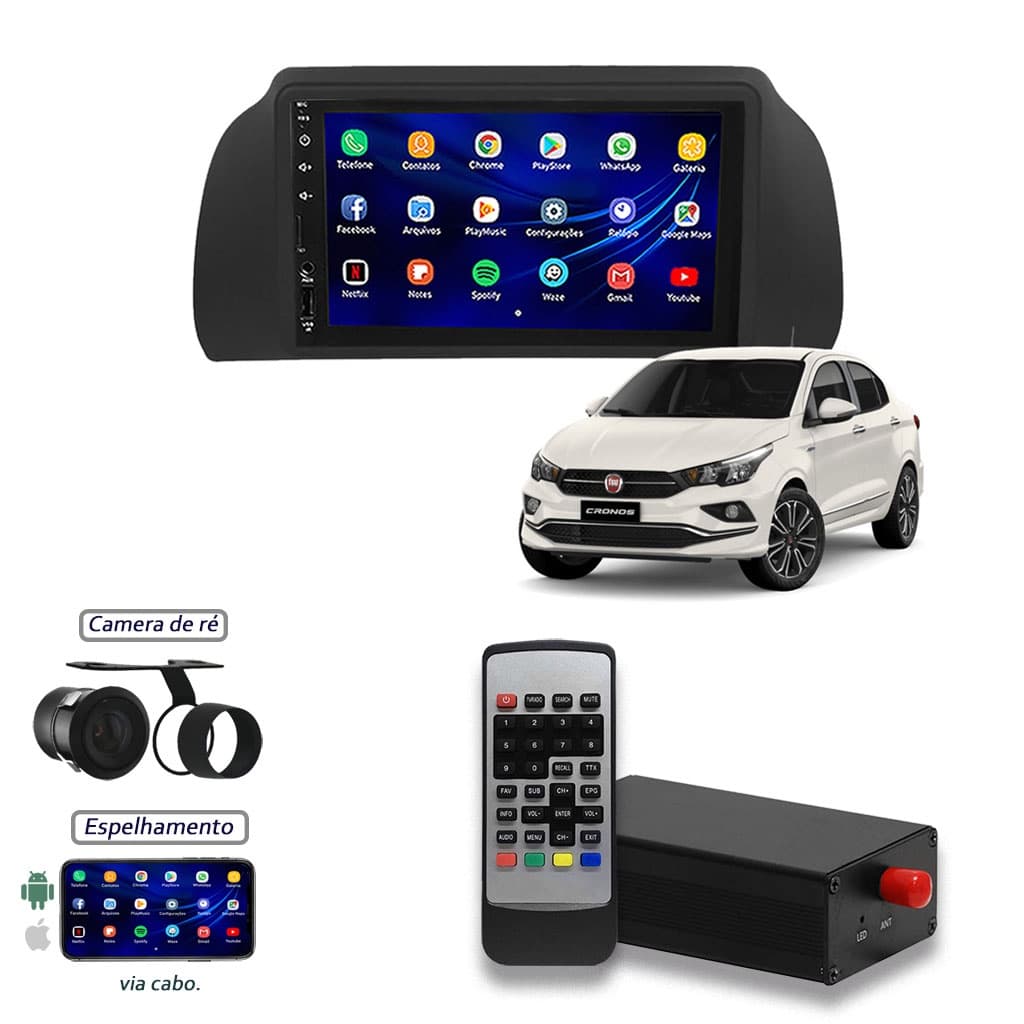 Kit Central Multimídia Fiat Cronos 2018 em Diante Mp8 + Moldura + Câmera de Ré + Tv