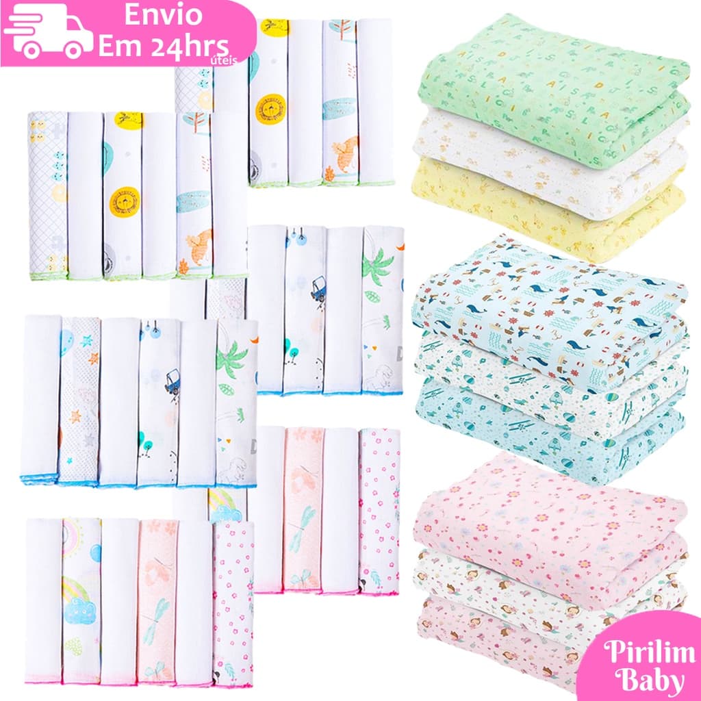 Kit 15 Peças de Enxoval Bebe - C/ 3 Cueiros Flanelados Estampados ou lisos + 12 Toalhinha de boca Estampado