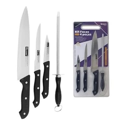Kit Faca Chaira Amolador Inox Cozinha Churrasco Profissional